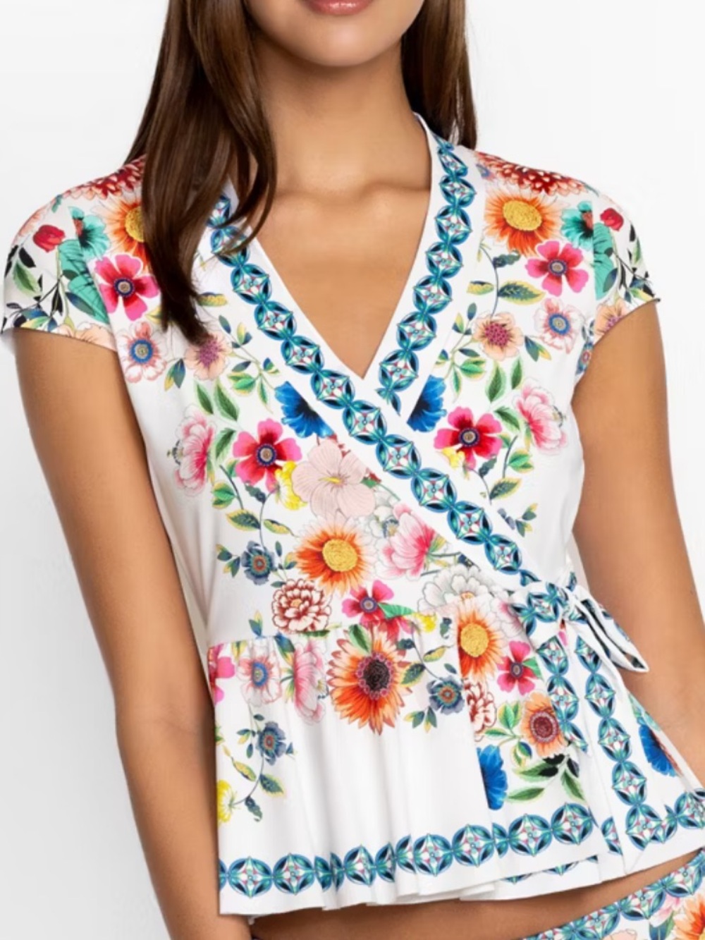 JOHNNY WAS Mirror Palace Tankini Wrap Swim Top Sz S Beach Floral Vacation Resort